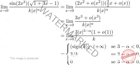 \[\begin{aligned} 			\lim_{x \to 0} \frac{\sin(2x^3)(\sqrt{1+3x}-1)}{k|x|^\alpha} =& \lim_{x\to 0} \frac{(2x^2+o(x^2))(\frac{3}{2}x+o(x))}{k|x|^\alpha}\\ 			=& \lim_{x\to 0} \frac{3x^3 + o(x^3)}{k|x|^\alpha}\\ 			=& \lim_{x \to 0}\dfrac{3|x|^{3-\alpha} (1+o(1))}{k} \\ 			=&  \begin{cases} 				(\text{sign}(k))\cdot(+\infty) & \text{se } 3 - \alpha < 0, \\ 				3/k & \text{se } 3 - \alpha = 0, \\ 				0 & \text{se } 3- \alpha > 0. 			\end{cases} 		\end{aligned}\]