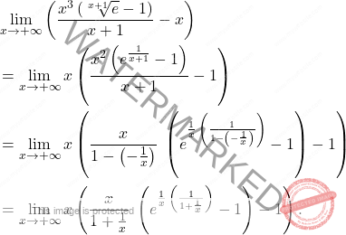 \[\begin{aligned} & \lim_{x \to +\infty}  \left(\dfrac{x^3  \left(\sqrt[x+1]{e}-1\right)}{x+1}-x\right) \\ & = \lim_{x \to +\infty} x \left(\dfrac{x^2 \left({e^{\frac{1}{x+1}}}-1\right)}{x+1}-1\right)\\ & = \lim_{x \to +\infty} x \left(\dfrac{x}{1-\left(-\frac{1}{x}\right)} \; \left({e^{\frac{1}{x} \, \left(\frac{1}{1-\left(-\frac{1}{x}\right)}\right)}}-1\right)-1 \right)\\ & = \lim_{x \to +\infty} x \left(\dfrac{x}{1+\frac{1}{x}} \; \left({e^{\frac{1}{x} \, \left(\frac{1}{1+\frac{1}{x}}\right)}}-1\right)-1 \right). \end{aligned}\]