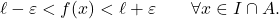 \begin{equation*} \ell- \varepsilon < f(x) < \ell +\varepsilon \qquad \forall x \in I \cap A. \end{equation*}