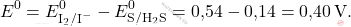 \[ E^0 = E_{\text{I}_2/\text{I}^-}^0 - E_{\text{S}/\text{H}_2\text{S}}^0 =\text{0,54} - \text{0,14}= \text{0,40}\, \text{V}. \]