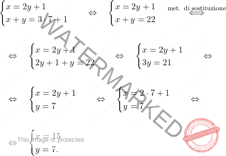 \[\begin{aligned}  &\begin{cases} x = 2y + 1 \\ x+y = 3 \cdot 7 + 1  \end{cases} \quad \Leftrightarrow \quad  \begin{cases} x = 2y + 1 \\ x+y = 22 \end{cases} \overset{\text{met. di sostituzione}}{\quad \Longleftrightarrow \quad} \\\\ & \quad \Leftrightarrow \quad \begin{cases} x = 2y + 1 \\ 2y + 1 +y = 22  \end{cases} \quad \Leftrightarrow \quad  \begin{cases} x = 2y + 1 \\ 3y = 21 \end{cases} \quad \Leftrightarrow \quad\\\\ & \quad \Leftrightarrow \quad \begin{cases} x = 2y + 1 \\ y=7 \end{cases} \quad \Leftrightarrow \quad \begin{cases} x = 2 \cdot 7 + 1 \\ y=7 \end{cases} \quad \Leftrightarrow \quad\\\\ & \quad \Leftrightarrow \quad \begin{cases} x= 15 \\ y=7. \end{cases} \end{aligned}\]