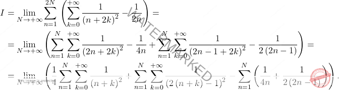 \[\begin{aligned} 		I&=\lim_{N\rightarrow+\infty} \sum_{n=1}^{2N}\,\left(\sum_{k=0}^{+\infty}\dfrac{1}{\left(n+2k\right)^2}-\dfrac{1}{2n}\right)=\\	&=\lim_{N\rightarrow+\infty}\left(\sum_{n=1}^{N}\,\sum_{k=0}^{+\infty}\dfrac{1}{\left(2n+2k\right)^2}-\dfrac{1}{4n}+\sum_{n=1}^{N}\,\sum_{k=0}^{+\infty}\dfrac{1}{\left(2n-1+2k\right)^2}-\dfrac{1}{2\left(2n-1\right)}\right)=\\ 		&=\lim_{N\rightarrow+\infty}\left(\dfrac{1}{4}\sum_{n=1}^{N}\,\sum_{k=0}^{+\infty}\dfrac{1}{\left(n+k\right)^2}+\sum_{n=1}^{N}\,\sum_{k=0}^{+\infty}\dfrac{1}{\left(2\left( n+k\right)-1\right)^2}-\sum_{n=1}^{N}\left(\dfrac{1}{4n}+\dfrac{1}{2\left(2n-1\right)}\right)\right). 	\end{aligned}\]