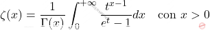 \[\zeta (x)={\frac  {1}{\Gamma (x)}}\int _{{0}}^{{+\infty }}{\frac  {t^{{x-1}}}{e^{t}-1}}dx \quad \text{con}\,\, x>0\]