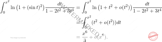 \[ \begin{aligned} \int_0^{x^2} \ln{\left(1 + (\sin{t})^2\right)} \dfrac{dt}{1 - 2t^2 + 3t^4} &= \int_0^{x^2} \ln{\left(1 + t^2 + o(t^2)\right)} \dfrac{dt}{1 - 2t^2 + 3t^4} \\ &= \int_0^{x^2} (t^2 + o(t^2)) dt \\ &= \dfrac{x^6}{3} + o(x^6). \end{aligned} \]