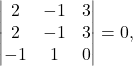 \[\begin{vmatrix} 	2&-1&3\\2&-1&3\\-1&1&0 	\end{vmatrix}=0,\]