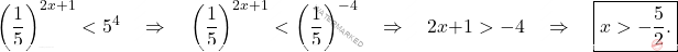 \[\left(\dfrac{1}{5}\right)^{2x+1} < 5^4 \quad \Rightarrow \quad \left(\dfrac{1}{5}\right)^{2x+1} < \left(\dfrac{1}{5}\right)^{-4} \quad \Rightarrow \quad  2x+1>-4 \quad \Rightarrow \quad \boxed{x>-\dfrac{5}{2}.}\]