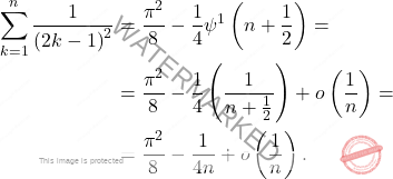 \[\begin{aligned} 	\sum_{k=1}^{n}\dfrac{1}{\left(2k-1\right)^2}&=\dfrac{\pi^2}{8}-\dfrac{1}{4}\psi^1\left(n+\dfrac{1}{2}\right)=\\ 	&=\dfrac{\pi^2}{8}-\dfrac{1}{4}\left(\dfrac{1}{n+\frac{1}{2}}\right)+o\left(\dfrac{1}{n}\right)= 	\\ 	&= 	\dfrac{\pi^2}{8}-\dfrac{1}{4n}+o\left(\dfrac{1}{n}\right). \end{aligned}\]