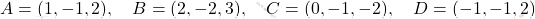 A=(1,-1,2), \quad B=(2,-2,3), \quad C=(0,-1,-2), \quad D=(-1,-1,2)