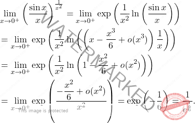 \[\begin{aligned} &\lim_{x\to0^+}\left(\dfrac{\sin x}{x} \right)^{\frac{1}{x^2}} = \lim_{x\to0^+} \exp\left(\frac{1}{x^2}\ln\left( \frac{\sin x}{x}\right)\right) \\ &= \lim_{x\to0^+}\exp\left({\frac{1}{x^2}\ln\left(\left(x-\frac{x^3}{6}+o(x^3)\right)\dfrac{1}{x} \right)}\right) \\ &= \lim_{x\to0^+}\exp\left({\frac{1}{x^2}\ln \left(1-\frac{x^2}{6}+o(x^2)\right)}\right) \\ &= \lim_{x\to0^+}\exp\left(\dfrac{-\dfrac{x^2}{6}+o(x^2)}{x^2}\right) = \exp\left(-\dfrac{1}{6}\right) = \dfrac{1}{e^{\frac{1}{6}}}. \end{aligned}\]