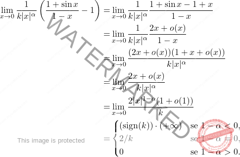 \[\begin{aligned} 			\lim_{x \to 0} \frac{1}{k|x|^\alpha} \left( \frac{1 + \sin x}{1 - x} - 1 \right) =&  \lim_{x \to 0}\frac{1}{k|x|^\alpha} \frac{1 + \sin x  - 1 + x}{1 - x}\\ 			=& \lim_{x\to 0}\frac{1}{k|x|^\alpha} \frac{2x+ o(x)}{1-x}\\ 			=& \lim_{x\to 0} \frac{(2x+o(x))(1+x+o(x))}{k|x|^\alpha}\\ 			=&\lim_{x\to 0}\dfrac{2x+o(x)}{k|x|^\alpha}\\ 			=& \lim_{x\to 0} \dfrac{2 |x|^{1-\alpha}(1+o(1))}{k}\\ 			=& \begin{cases} 			(\text{sign}(k))\cdot(+\infty) & \text{se } 1 - \alpha < 0, \\ 				2/k & \text{se } 1 - \alpha = 0, \\ 				0 & \text{se } 1 - \alpha > 0. 			\end{cases} 		\end{aligned}\]