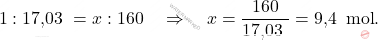 \[ 1 : \text{17,03 } = x : 160 \quad \Rightarrow \quad x = \frac{160}{\text{17,03 }} = \text{9,4  }\, \text{mol}. \]