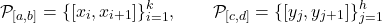 \begin{equation*} \mathcal{P}_{[a,b]}=\{[x_i,x_{i+1}]\}_{i=1}^k, \qquad \mathcal{P}_{[c,d]}=\{[y_j,y_{j+1}]\}_{j=1}^h \end{equation*}