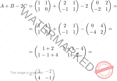 \[\begin{aligned} A+B-2C & = \begin{pmatrix} 1&1\\ 1&0 \end{pmatrix} + \begin{pmatrix} 2&1\\ -1&1 \end{pmatrix} -2\;\begin{pmatrix} 0&2\\ -2&1 \end{pmatrix} =\\\\ & = \begin{pmatrix} 1&1\\ 1&0 \end{pmatrix} + \begin{pmatrix} 2&1\\ -1&1 \end{pmatrix} -\begin{pmatrix} 0&4\\ -4&2 \end{pmatrix} = \\\\ & = \begin{pmatrix} 1+2 & 1+1-4\\ 1-1+4 & 1-2 \end{pmatrix} = \\\\ &= \begin{pmatrix} 3 & -2\\ 4 & -1 \end{pmatrix} \end{aligned}\]