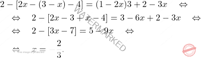 \[\begin{aligned} 	&  2-[2x-(3-x)-4]=(1-2x)3+2-3x \quad \Leftrightarrow \quad \\ 	& \quad \Leftrightarrow \quad  2-[2x-3+x-4]=3-6x+2-3x \quad \Leftrightarrow \quad \\ 	& \quad \Leftrightarrow \quad  2-[3x-7]=5-9x \quad \Leftrightarrow \quad \\ 	& \quad \Leftrightarrow \quad  x=-\dfrac{2}{3}. \end{aligned}\]