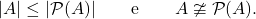 \begin{equation*} |A| \leq |\mathcal{P}(A)| \qquad \text{e} \qquad A \ncong\mathcal{P}(A). \end{equation*}