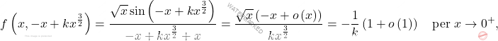 \[f\left(x,-x+kx^{\frac{3}{2}}\right)=\dfrac{\sqrt{x}\sin\left(-x+kx^{\frac{3}{2}}\right)}{-x+kx^{\frac{3}{2}}+x}=\dfrac{\sqrt{x}\left(-x+o\left(x\right)\right)}{kx^{\frac{3}{2}}}=-\dfrac{1}{k}\left(1+o\left(1\right)\right)\quad \text{per}\,\,x \rightarrow 0^+,\]