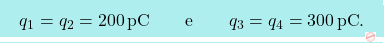 \[\boxcolorato{fisica}{	q_1=q_2=200\,\text{pC}\qquad\text{e}\qquad  q_3=q_4=300\,\text{pC}.}\]