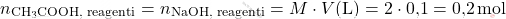 \[ n_{\text{CH}_3\text{COOH, reagenti}} = n_{\text{NaOH, reagenti}} = M \cdot V (\text{L}) = 2 \cdot \text{0,1} = \text{0,2} \, \text{mol} \]