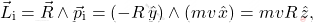 \begin{equation*} 		\Vec{L}_\text{i} = \Vec{R}\wedge\Vec{p}_\text{i} = (-R\,\hat{y}) \wedge (mv\,\hat{x}) = mvR\,\hat{z}, 	\end{equation*}