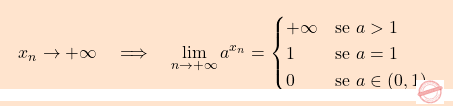 \[\boxcolorato{analisi}{x_n \to + \infty 			\quad 			\Longrightarrow 			\quad 			\lim_{n \to + \infty} a^{x_n} 			=\begin{cases} 				+\infty			& \text{se } a >1\\ 				 1 				& \text{se } a =1\\ 				0					& \text{se } a \in (0,1). 			\end{cases} 		}}\]