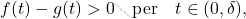 \[ f(t) - g(t) > 0 \quad \text{per} \quad t \in (0, \delta), \]