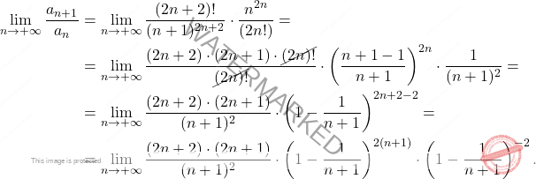\begin{equation*} 			\begin{split} 				\lim_{n \to + \infty}\frac{a_{n+1}}{a_n}&=\lim_{n \to + \infty} \frac{(2n+2)!}{(n+1)^{2n+2}}\cdot \frac{n^{2n}}{(2n!)}=\\&=\lim_{n \to + \infty}\frac{(2n+2)\cdot(2n+1)\cdot \cancel{(2n)!}}{\cancel{(2n)!}}\cdot \left(\frac{n+1-1}{n+1}\right)^{2n}\cdot \frac{1}{(n+1)^2}=\\&=\lim_{n \to + \infty}\frac{(2n+2)\cdot (2n+1)}{(n+1)^2}\cdot \left(1-\frac{1}{n+1}\right)^{2n+2-2}=\\&=\lim_{n \to + \infty}\frac{(2n+2)\cdot (2n+1)}{(n+1)^2}\cdot \left(1-\frac{1}{n+1}\right)^{2(n+1)}\cdot \left(1-\frac{1}{n+1}\right)^{-2}. 			\end{split} 		\end{equation*}
