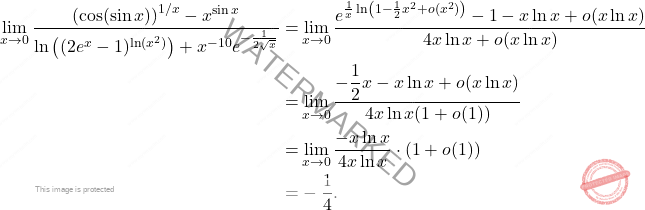 \[\begin{aligned} \lim_{x \to 0} \frac{\left(\cos(\sin x)\right)^{1/x} - x^{\sin x}}{\ln \left((2e^x - 1)^{\ln(x^2)}\right) + x^{-10} e^{-\frac{1}{2\sqrt{x}}}}= & \lim_{x \to 0} \frac{e^{\frac{1}{x}\ln\left(1 - \frac{1}{2}x^2 + o(x^2)\right)} - 1 - x \ln x + o(x \ln x)}{4x \ln x + o(x \ln x)} \\ = & \lim_{x \to 0} \frac{-\dfrac{1}{2}x - x \ln x + o(x \ln x)}{4x \ln x (1 + o(1))} \\ = & \lim_{x \to 0} \frac{-x \ln x}{4x \ln x} \cdot (1 + o(1)) \\ = & -\frac{1}{4}. \end{aligned}\]