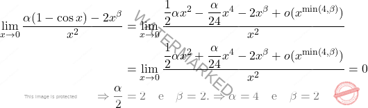 \[\begin{aligned} \lim_{x \to 0} \frac{\alpha(1 - \cos x) - 2x^\beta}{x^2} &= \lim_{x \to 0} \frac{\dfrac{1}{2}\alpha x^2 - \dfrac{\alpha}{24} x^4 - 2x^\beta + o(x^{\min(4,\beta)})}{x^2} \\ &= \lim_{x \to 0} \frac{\dfrac{1}{2} \alpha x^2 + \dfrac{\alpha}{24} x^4 - 2x^\beta + o(x^{\min(4,\beta)})}{x^2} = 0 \\ \Rightarrow \frac{\alpha}{2} &= 2 \quad \text{e} \quad \beta = 2. \Rightarrow \alpha = 4 \quad \text{e} \quad \beta = 2 \end{aligned}\]