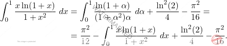\[\begin{aligned} 		\int_{0}^{1} \frac{x \ln(1+x)}{1+x^{2}}\ dx &=  \int_{0}^{1} \frac{\ln (1+\alpha)}{(1+\alpha^2) \alpha}\ d \alpha  +\frac{\ln^{2}(2)}{4} - \frac{ \pi^{2}}{16} =\\ 		&=\frac{\pi^{2}}{12} - \int_{0}^{1} \frac{x \ln(1+ x)}{1+x^{2}}\ dx +\frac{\ln^{2}(2)}{4} - \frac{ \pi^{2}}{16}. 	\end{aligned}\]