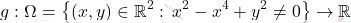 \[g:\Omega=\left\{(x,y)\in \mathbb{R}^2:\,x^2-x^4+y^2  \neq 0\right\}\rightarrow \mathbb{R}\]