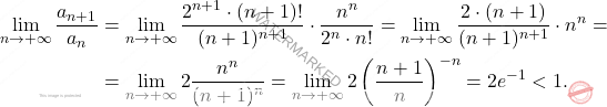 \begin{equation*} 			\begin{split} 				\lim_{n \to + \infty}\frac{a_{n+1}}{a_n}&=	\lim_{n \to + \infty}\frac{2^{n+1}\cdot (n+1)!}{(n+1)^{n+1}}\cdot\frac{n^n}{2^n\cdot n!}=\lim_{n\to +\infty} \frac{2\cdot (n+1)}{(n+1)^{n+1}}\cdot n^n=\\&=\lim_{n\to +\infty} 2\frac{n^n}{(n+1)^n}=\lim_{n\to +\infty}2\left(\frac{n+1}{n}\right)^{-n}=2e^{-1}<1. 			\end{split} 		\end{equation*}