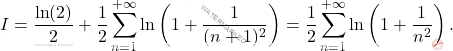 \[I=\frac{\ln(2)}{2} + \frac{1}{2}  \sum_{n=1}^{+\infty} \ln \left( 1 +\frac{1}{(n+1)^{2}} \right) =\frac{1}{2} \sum_{n=1}^{+\infty} \ln \left( 1 +\frac{1}{n^{2}} \right).\]