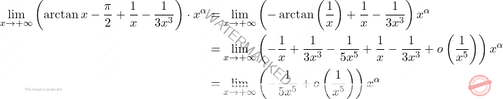\[ \begin{aligned} \lim_{x \to +\infty} \left( \arctan x - \frac{\pi}{2} + \frac{1}{x} - \frac{1}{3x^3} \right) \cdot x^\alpha &= \lim_{x \to +\infty} \left( -\arctan\left( \frac{1}{x} \right) + \frac{1}{x} - \frac{1}{3x^3} \right) x^\alpha\\ &= \lim_{x \to +\infty} \left( -\frac{1}{x} + \frac{1}{3x^3} - \frac{1}{5x^5} + \frac{1}{x} - \frac{1}{3x^3} + o\left( \frac{1}{x^5} \right) \right) x^\alpha \\ &= \lim_{x \to +\infty} \left( -\frac{1}{5x^5} + o\left( \frac{1}{x^5} \right) \right) x^\alpha \end{aligned} \]