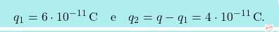 \[\boxcolorato{fisica}{q_1=6\cdot 10^{-11}\,\text{C} \quad \text{e}\quad q_2=q-q_1=4\cdot 10^{-11}\,\text{C}.}\]