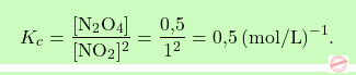 \[\boxcolorato{chimica}{K_c = \frac{[\text{N}_2\text{O}_4]}{[\text{NO}_2]^2} = \frac{\text{0,5}}{1^2} = \text{0,5} \, (\text{mol/L})^{-1}.}\]