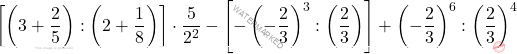 \[\left[\left(3+\dfrac{2}{5}\right): \left(2+\dfrac{1}{8}\right)\right] \cdot \dfrac{5}{2^2}-\left[-\left(-\dfrac{2}{3}\right)^3:\left(\dfrac{2}{3}\right)\right]+\left(-\dfrac{2}{3}\right)^6: \left(\dfrac{2}{3}\right)^4\]