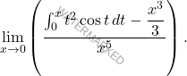 \[ \lim_{x \to 0} \left( \frac{\int_0^x t^2 \cos t \, dt - \dfrac{x^3}{3}}{x^5} \right). \]