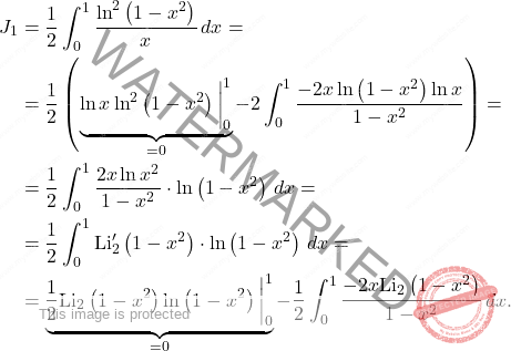 \[\begin{aligned} 		J_1&=\dfrac{1}{2}\int_{0}^{1}\dfrac{\ln^2\left(1-x^2\right)}{x}\,dx= 		\\ 		&= 		\dfrac{1}{2}\left(\underbrace{\ln x \ln^2\left(1-x^2\right)\bigg\vert^1_0}_{=0}-2\int_{0}^{1}\dfrac{-2x\ln\left(1-x^2\right)\ln x }{1-x^2}\right)=\\ 		&=\dfrac{1}{2}\int_{0}^{1}\dfrac{2x\ln x^2}{1-x^2}\cdot \ln\left(1-x^2\right)\,dx= 		\\ 		&= 		\dfrac{1}{2}\int_{0}^{1}\text{Li}_2^\prime\left(1-x^2\right)\cdot \ln\left(1-x^2\right)\,dx=\\ 		&=\underbrace{\dfrac{1}{2}\text{Li}_2\left(1-x^2\right)\ln\left(1-x^2\right)\bigg\vert^1_0}_{=0}-\dfrac{1}{2}\int_{0}^{1}\dfrac{-2x\text{Li}_2\left(1-x^2\right)}{1-x^2}\,dx. 	\end{aligned}\]