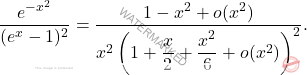 \[     \frac{e^{-x^2}}{(e^x - 1)^2} = \frac{1 - x^2 + o(x^2)}{x^2\left(1 + \dfrac{x}{2} + \dfrac{x^2}{6} + o(x^2)\right)^2}.     \]