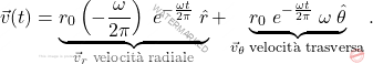 \[\vec{v}(t) = \underbrace{r_0 \left(-\dfrac{\omega}{2\pi}\right) \; e^{-\frac{\omega t}{2\pi}} \; \hat{r}}_{\vec{v}_r \; \text{velocità radiale}} + \underbrace{r_0 \; e^{-\frac{\omega t}{2\pi}} \; \omega \; \hat{\theta}}_{\vec{v}_\theta \; \text{velocità trasversa}}.\]