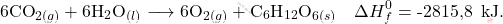 \[ 6 \text{CO}_{2(g)} + 6 \text{H}_2\text{O}_{(l)} \longrightarrow 6 \text{O}_{2(g)} + \text{C}_6 \text{H}_{12} \text{O}_{6(s)} \quad \Delta H_f^0 = \text{-2815,8 } \, \text{kJ}. \]