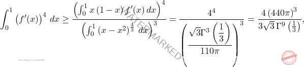 \[\int_{0}^{1}\left(f^\prime(x)\right)^4\,dx\geq\dfrac{\left(\int_{0}^{1}x\left(1-x\right)f^\prime(x)\,dx\right)^4}{\left(\int_{0}^{1}\left(x-x^2\right)^{\frac{4}{3}}\,dx\right)^{3}}=\dfrac{4^4}{\left(\dfrac{\sqrt{3}\Gamma^3\left(\dfrac{1}{3}\right)}{110\pi}\right)^3}=\dfrac{4\left(440\pi\right)^3}{3\sqrt{3}\,\Gamma^9\left(\frac{1}{3}\right)},\]