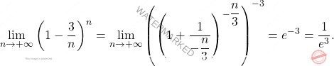 \[\begin{aligned} \lim_{n \to +\infty} \left( 1-\dfrac{3}{n}\right) ^n & = \lim_{n \to +\infty} \left( \left( 1+\dfrac{1}{-\dfrac{n}{3}}\right) ^{-\dfrac{n}{3}}\right) ^{-3}=e^{-3}=\dfrac{1}{e^3}. \end{aligned}\]