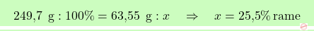 \[\boxcolorato{chimica}{\text{249,7 }\, \text{g} : 100\% = \text{63,55 }\, \text{g} : x \quad \Rightarrow \quad x = \text{25,5}\% \, \text{rame} }\]