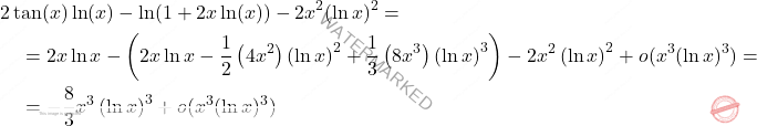 \[\begin{aligned} & 2 \tan(x) \ln (x)-\ln (1+2x \ln (x))-2x^2 (\ln x)^2 = \\ & \quad =2x \ln x-\left(2x\ln x-\frac{1}{2}\left(4x^2\right)\left(\ln x \right)^2+\frac{1}{3}\left(8x^3\right) \left(\ln x\right)^3\right)-2x^2\left(\ln x\right)^2+o(x^3 (\ln x)^3)= \\ & \quad = -\frac{8}{3}x^3\left(\ln x\right)^3+o(x^3 (\ln x)^3) \end{aligned}\]