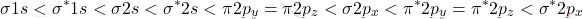 \[ \sigma1s < \sigma^* 1s < \sigma2s < \sigma^* 2s < \pi2p_y = \pi2p_z < \sigma2p_x < \pi^*2p_y = \pi^*2p_z < \sigma^*2p_x \]