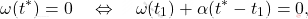 \[\omega(t^*) = 0 \quad\Leftrightarrow \quad\omega(t_1) + \alpha (t^*-t_1) = 0,\]