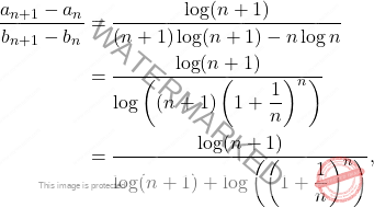\begin{equation*} \begin{split} \frac{a_{n+1}-a_n}{b_{n+1}-b_n} &= \frac{\log(n+1)}{(n+1)\log(n+1) - n \log n} \\ &= \frac{\log(n+1)}{\log\left ((n+1) \left (1+\dfrac{1}{n}\right)^n  \right )} \\ &= \frac{\log(n+1)}{\log(n+1) + \log\left (\left (1+\dfrac{1}{n}\right)^n  \right )}, \end{split} \end{equation*}