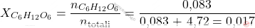 \[ X_{C_6H_{12}O_6} = \frac{n_{C_6H_{12}O_6}}{n_\text{totali}} = \frac{\text{0,083}}{\text{0,083 + \text{4,72}} = \text{0,017}} \]