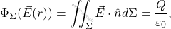 \begin{equation*} 	\Phi_\Sigma(\vec{E}(r))=\iint_\Sigma \vec{E}\cdot\hat{n} d\Sigma=\dfrac{Q}{\varepsilon_0}, \end{equation*}